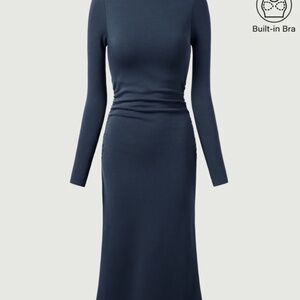 NWT OGL Midi Dress Thermal Boatneck Ruched Sides  Ink Blue Size Small